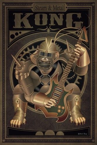 Cartel de estetica steampunk gorila con armadura toca guitarra