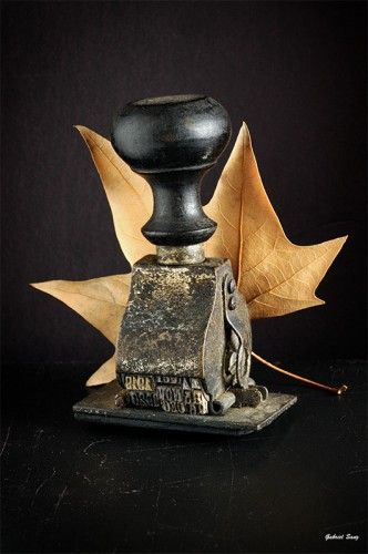 Fotografia FECHA DE CADUCIDAD por Gabriel Sanz Glitch bodegon conceptual con antiguo sello fechador y hoja marchita