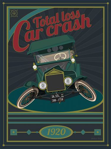 Cartel decorativo estilo vintage con auto de 1920 accidentado