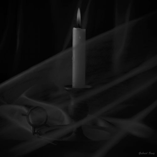 Bodegon con palmatoria y vela parcialmente cubierto por un velo