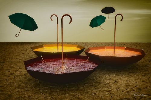 ilustracion 3D. paraguas que forman un oasis